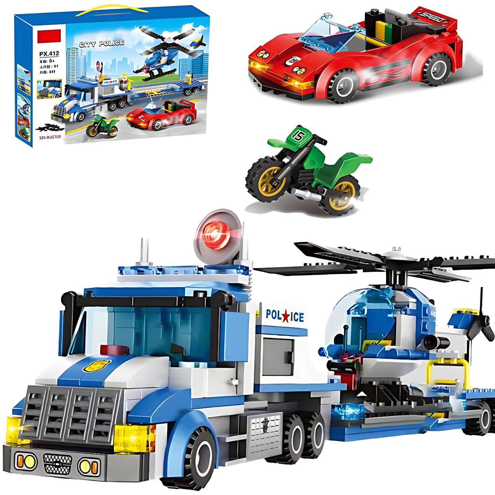 EtrealEli City Police Car, Motorcycle,Truck and Trailer&Helicopter Building Block Sets(509pcs),Police Chase Toy Set,Gift for Kids and audlts