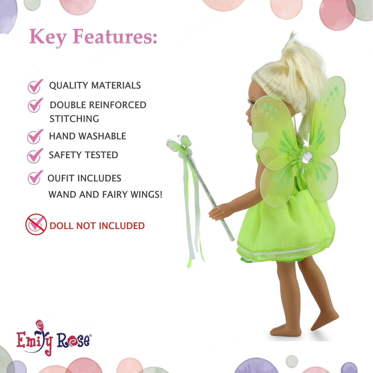 Emily Rose 14 Inch Doll Princess Magical 3-PC Fairy Princess Dress with Removable Wings & Magic Wand | Halloween Costume for 14" and 14.5" Hard-Bodied