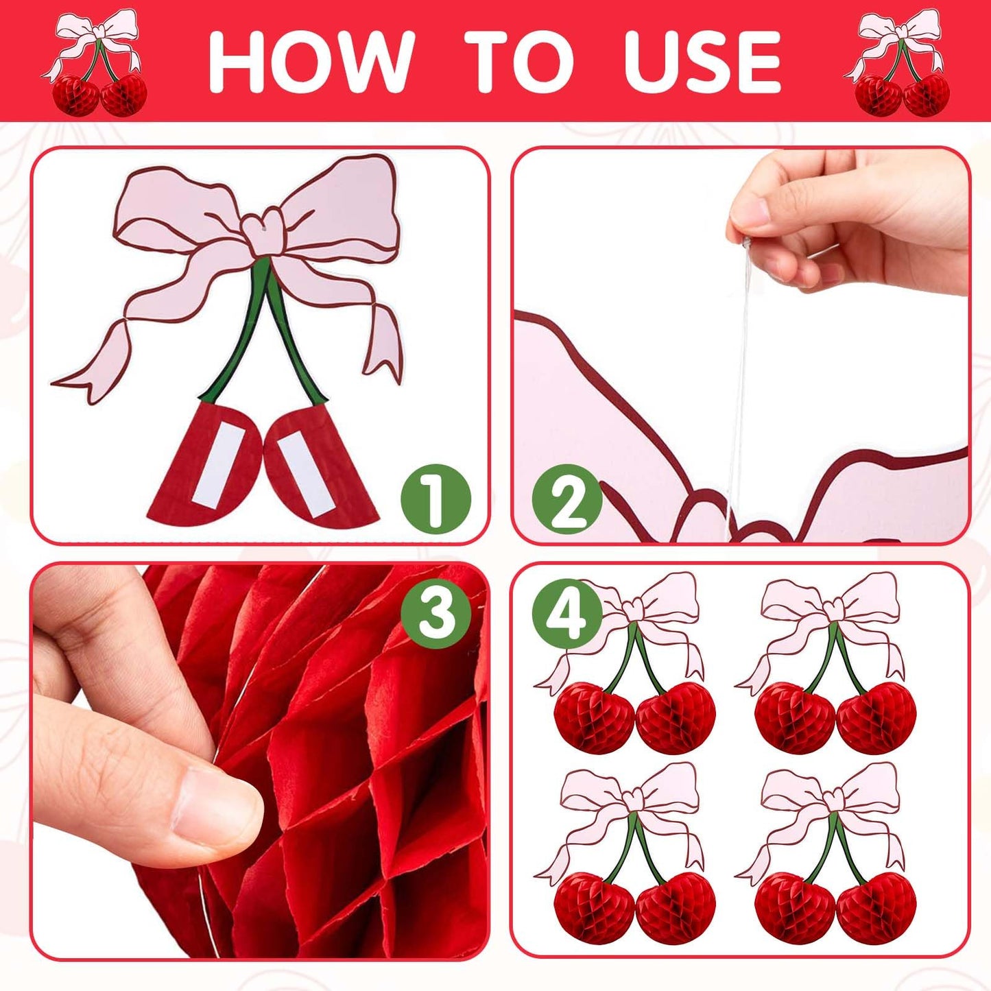 3D Cherry Bow Honeycomb Decorations, 4-Pcs 12 Inch Large Cherry Table Decorations and Cherry On Top Centerpieces, Cherry Decoration for Birthdays