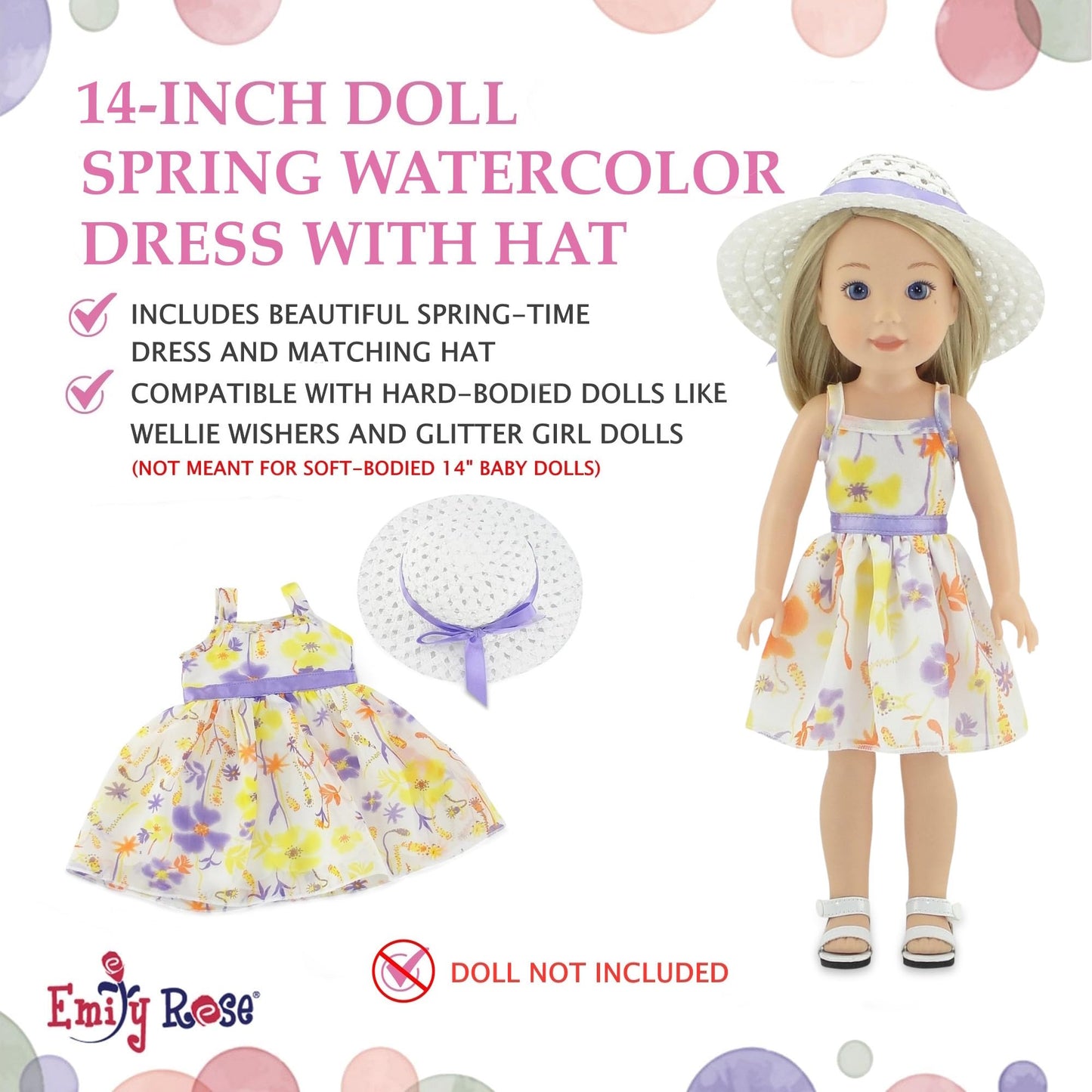 Emily Rose 14" Doll Easter/Spring Chiffon Dress with Matching White Hat | Floral Sundress Outfit | Fits WellieWishers & Similar 14-14.5" Fashion Dolls