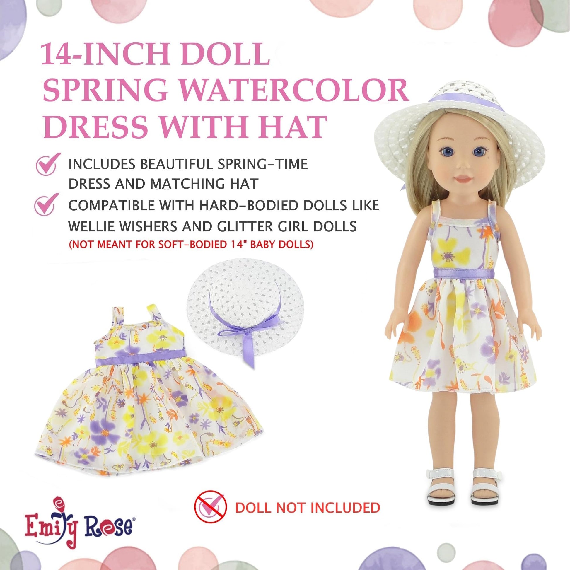 Emily Rose 14" Doll Easter/Spring Chiffon Dress with Matching White Hat | Floral Sundress Outfit | Fits WellieWishers & Similar 14-14.5" Fashion Dolls