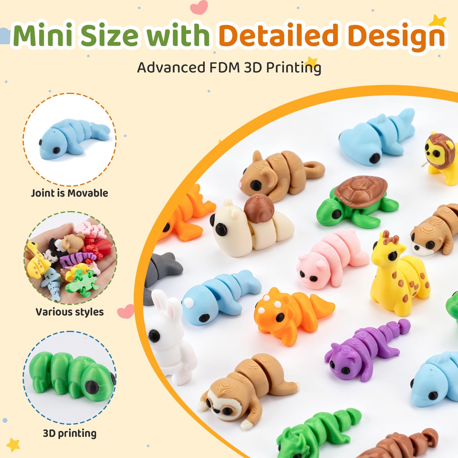 SJKHGU 50 Pcs Articulated 3D Printed Animals Bulk Set, Mini 3D Printed Animals, Pocket 3D Printed Toys, Desk Pets, Classroom Rewards, Party Favors