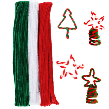 150 Pieces Christmas Pipe Cleaners Chenille Stem,50 White Craft Pipe Cleaners,50 Green Chenille Stems Pipe Cleaners, and 50 Red Pipe Cleaners for Arts