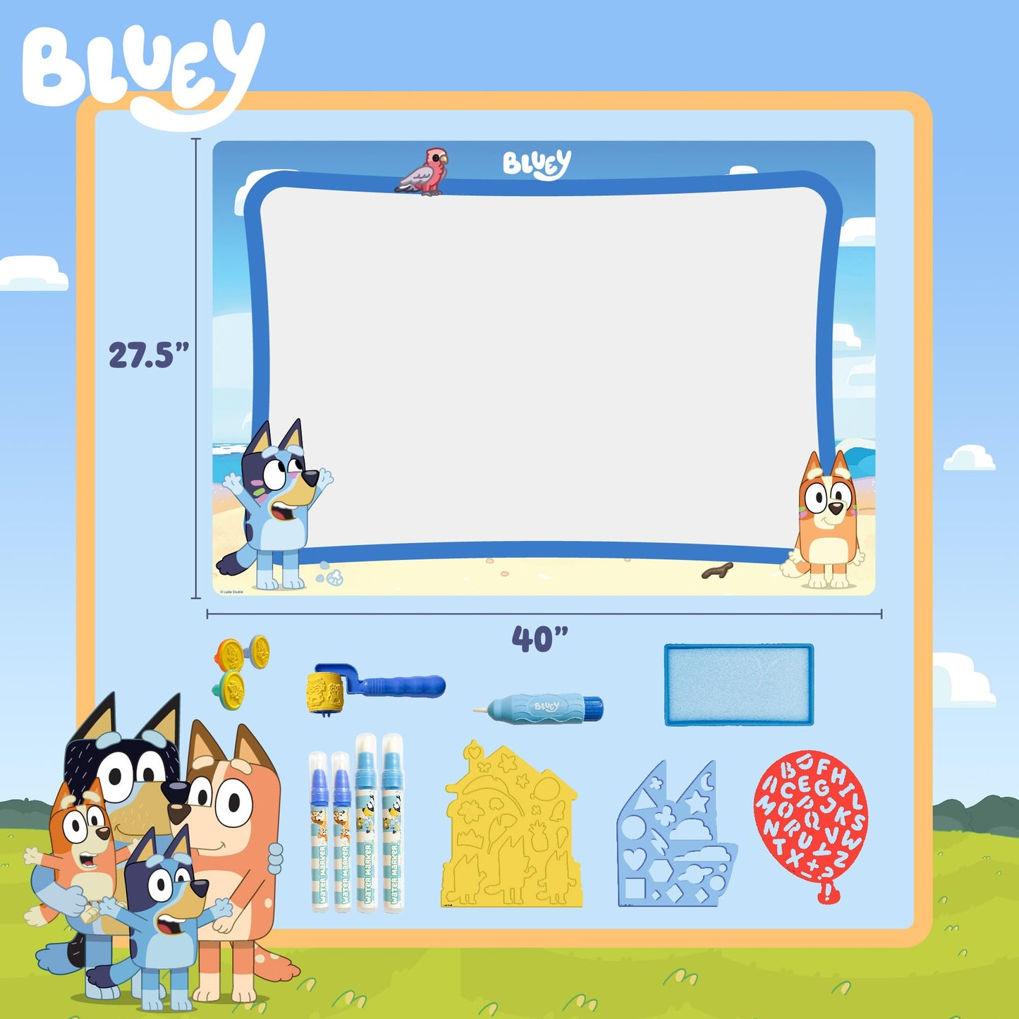 Bluey Water Drawing Mat - Mess-Free Water Art with Stamps, Stencils, and Reusable Accessories for Toddlers