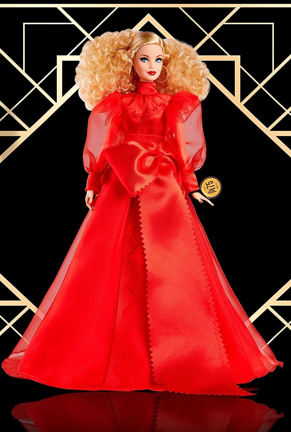 Barbie Collector Mattel 75th Anniversary Doll (12-in Blonde Curly Hair) in Red Chiffon Gown, with Doll Stand and Certificate of Authenticity