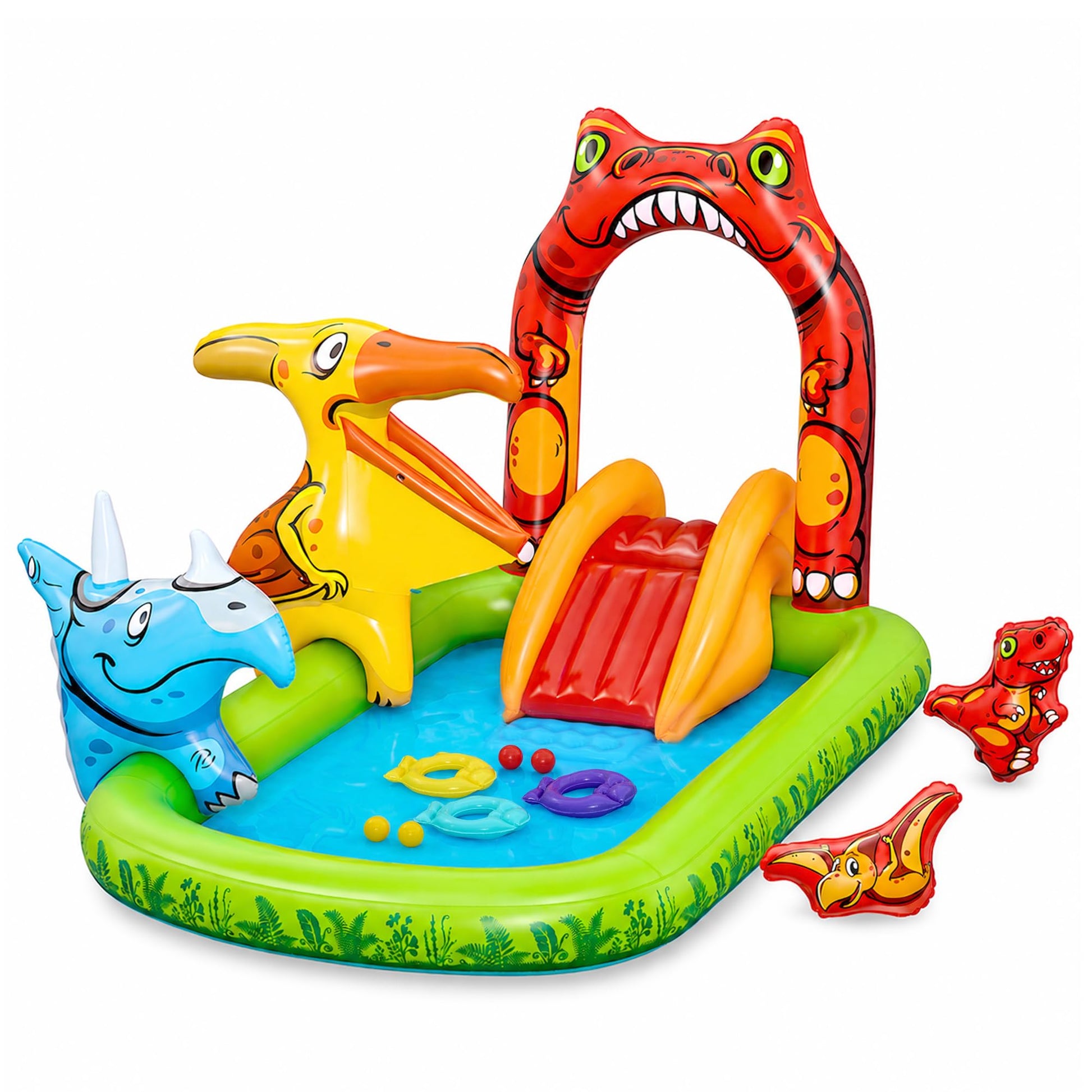 H2OGO! Jurassic Splash Inflatable Water Play Center, 7'11" x 55" x 54" Kids Outdoor Activity Center with Water Archway Slide, Games, & Splash Pool