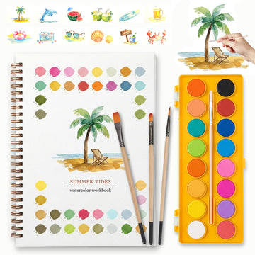 EIOLUIK Watercolor Painting Kit for Adults & Beginners: Includes Summer Beach watercolor Workbook, 16 assorted colors, 3 Brushes (with Perforated