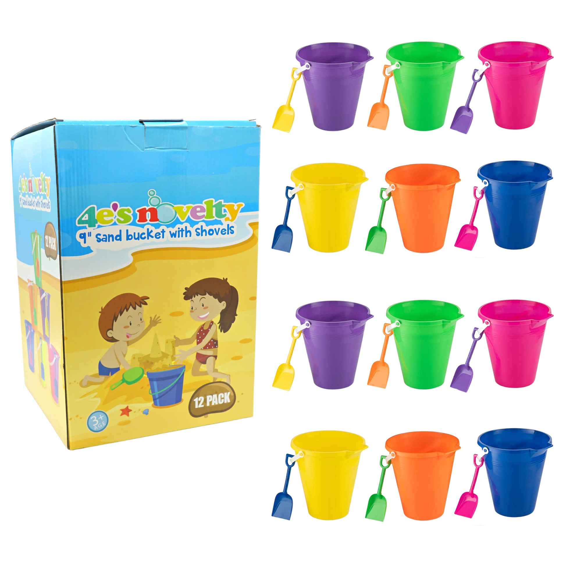 4E's Novelty 9" Large Sand Bucket with Shovel [12 Pack Bulk] Beach Buckets - Beach Toys for Kids & Toddlers, Party Favors Basket Holders, End of Year