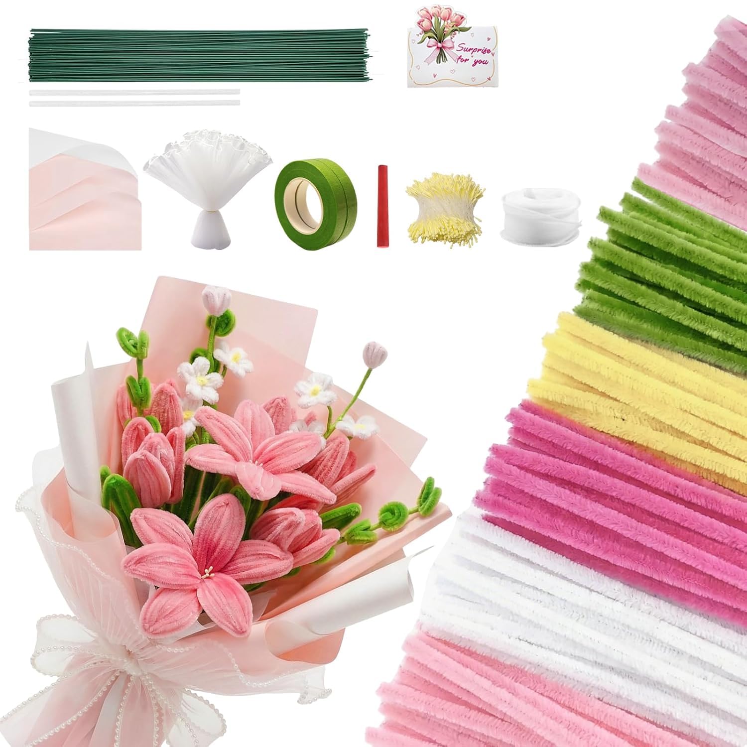 600 PCS Pipe Cleaners Craft, 6 Colors Pipe Cleaner Bulk Flower Kit, Chenille Stems Bulk with Floral Wires, Gardening Tape, Stamen, Wrapping Paper