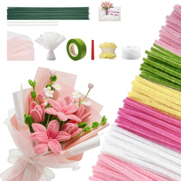 600 PCS Pipe Cleaners Craft, 6 Colors Pipe Cleaner Bulk Flower Kit, Chenille Stems Bulk with Floral Wires, Gardening Tape, Stamen, Wrapping Paper