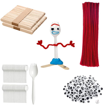 Fork Creativity Set, 100 Sets Forky DIY Creative Crafts Pack Plastic Sporks Red Pipe Cleaners Googly Eyes Popsicle Stick
