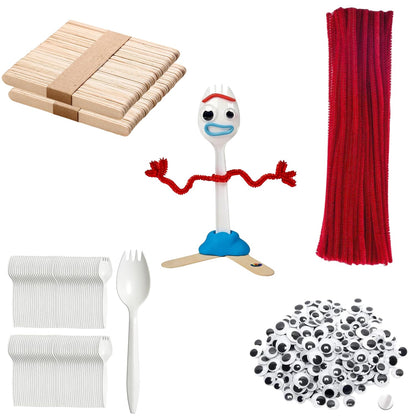Fork Creativity Set, 100 Sets Forky DIY Creative Crafts Pack Plastic Sporks Red Pipe Cleaners Googly Eyes Popsicle Stick
