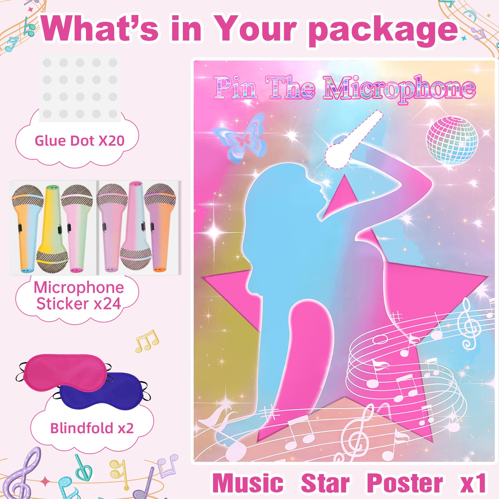 JUNUO Pin The Microphones On The Famous Singers Party Games, Suitable for Music-Themed Party Supplies Decoration, Pop Singers Party,Pink Girl