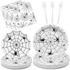 96 Pieces Halloween Spider Web Tableware Party Supplies - Disposable Dinnerware Set with Paper Plates, Napkins, and Forks for Spooky Halloween Party