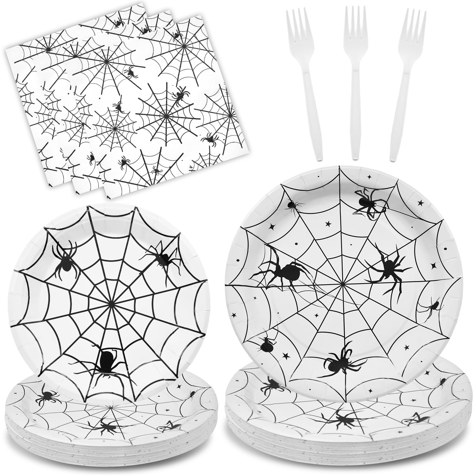 96 Pieces Halloween Spider Web Tableware Party Supplies - Disposable Dinnerware Set with Paper Plates, Napkins, and Forks for Spooky Halloween Party