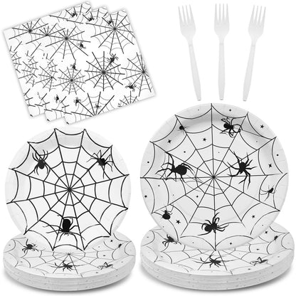 96 Pieces Halloween Spider Web Tableware Party Supplies - Disposable Dinnerware Set with Paper Plates, Napkins, and Forks for Spooky Halloween Party