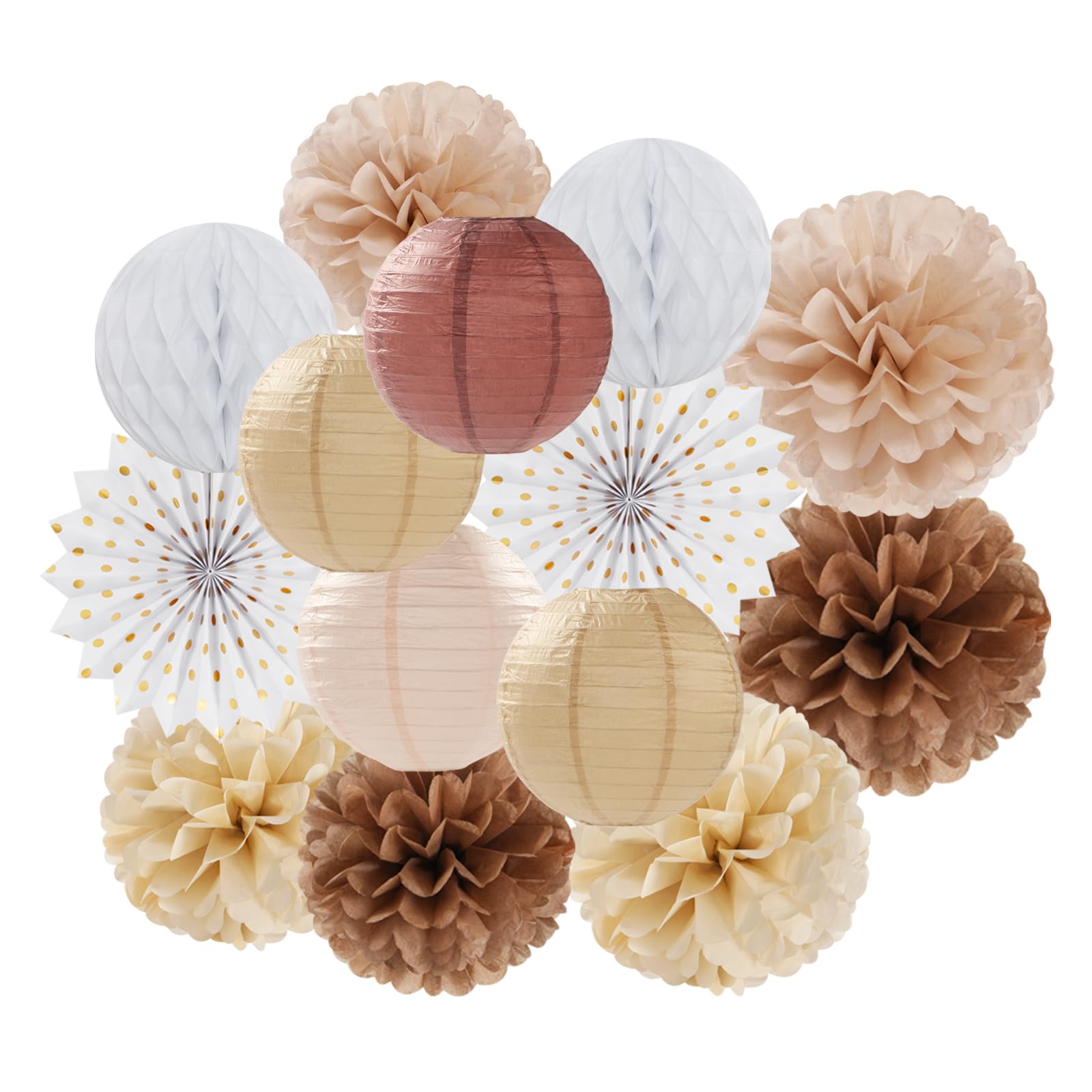 Boho Baby-Shower Party-Decorations Streamers-Lanterns - 14pcs White Brown Champagne Neutral Birthday Wedding Bridal Paper Fan,Tissue Pom