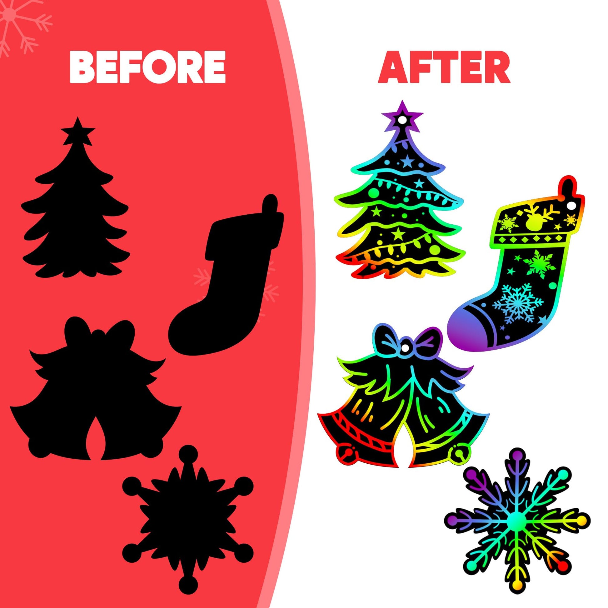 JOYIN 72 Pcs Christmas Scratch Art Ornaments, Scratch Paper Craft Kit Include Snowman, Snowflakes, Christmas Tree, and Reindeer, Rainbow Color Scratch