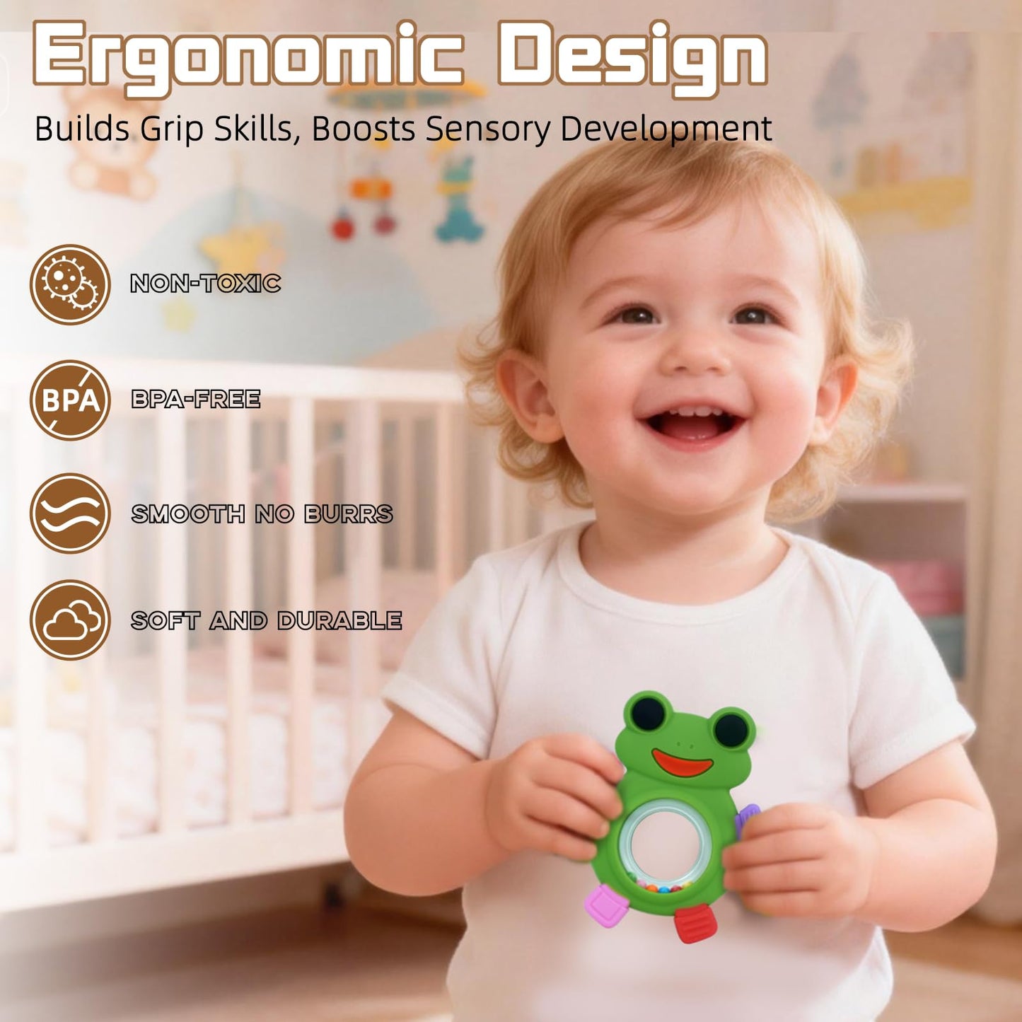 WALULAN Baby Teething Rings Toys,Over Sized of A Frog Infant Toys Relief Teethers for Babies 3-6-12-18 Months,Sensory Toys Rattle Teether Silicone