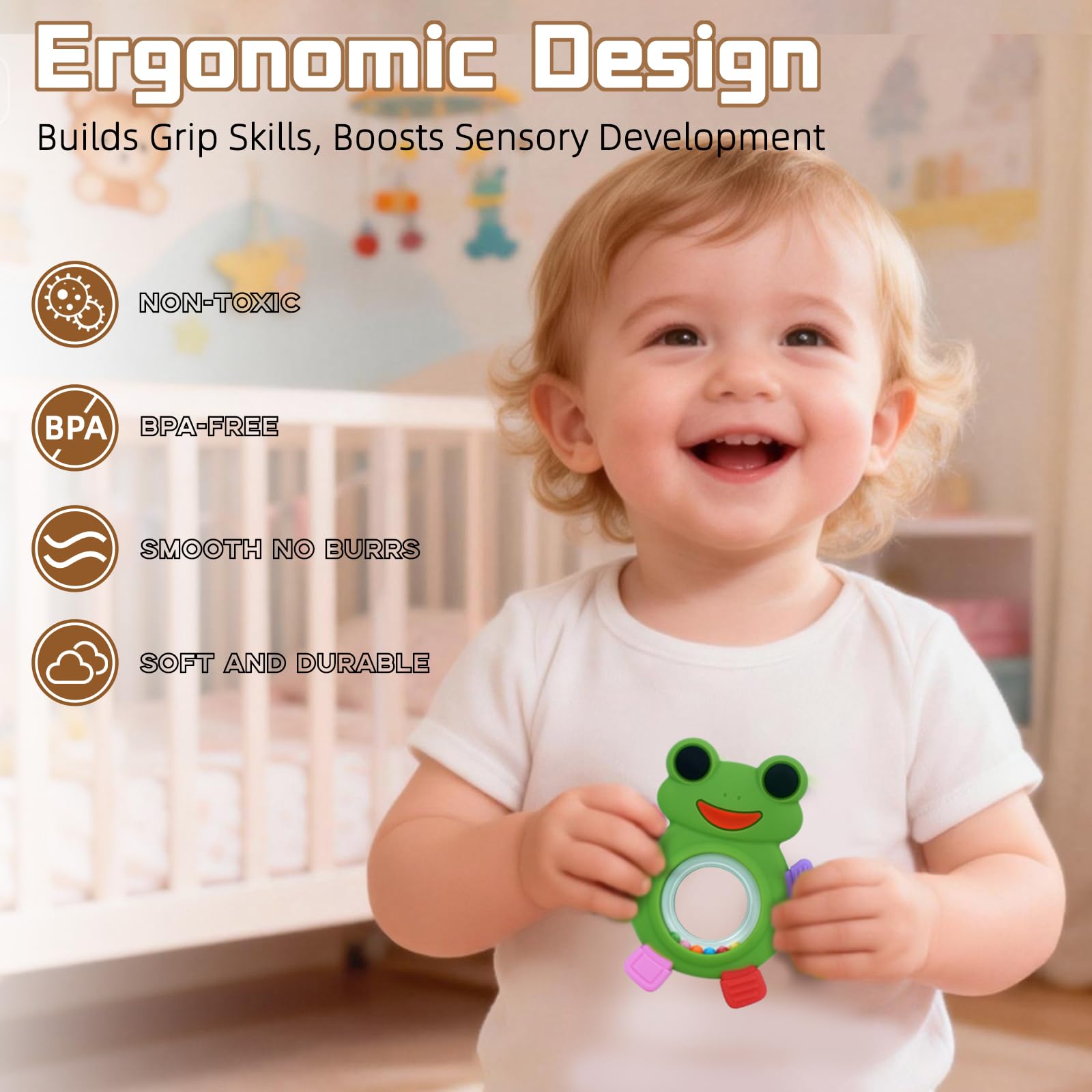 WALULAN Baby Teething Rings Toys,Over Sized of A Frog Infant Toys Relief Teethers for Babies 3-6-12-18 Months,Sensory Toys Rattle Teether Silicone