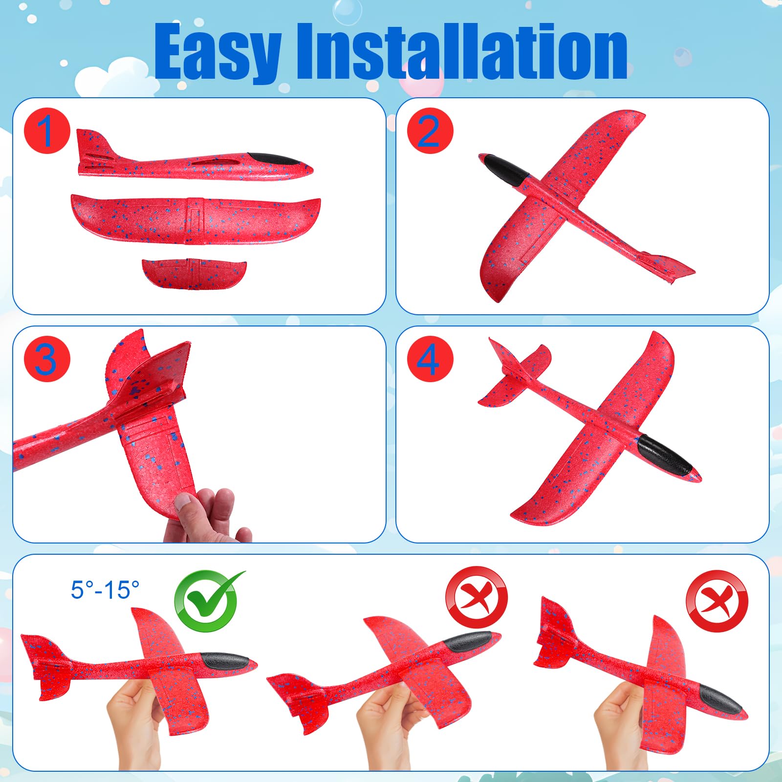 PUREZON Foam Airplane Toy, 4 Pack, 17 Inch, 4 Colors