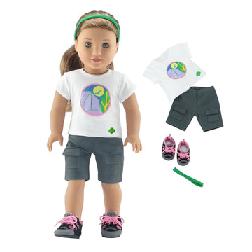 Emily Rose Girl Scouts® Officially Licensed 18 Inch Doll Camping Outfit - Badge Graphic T-Shirt, Cargo Shorts, Headband & Hiking Boots - Fits American