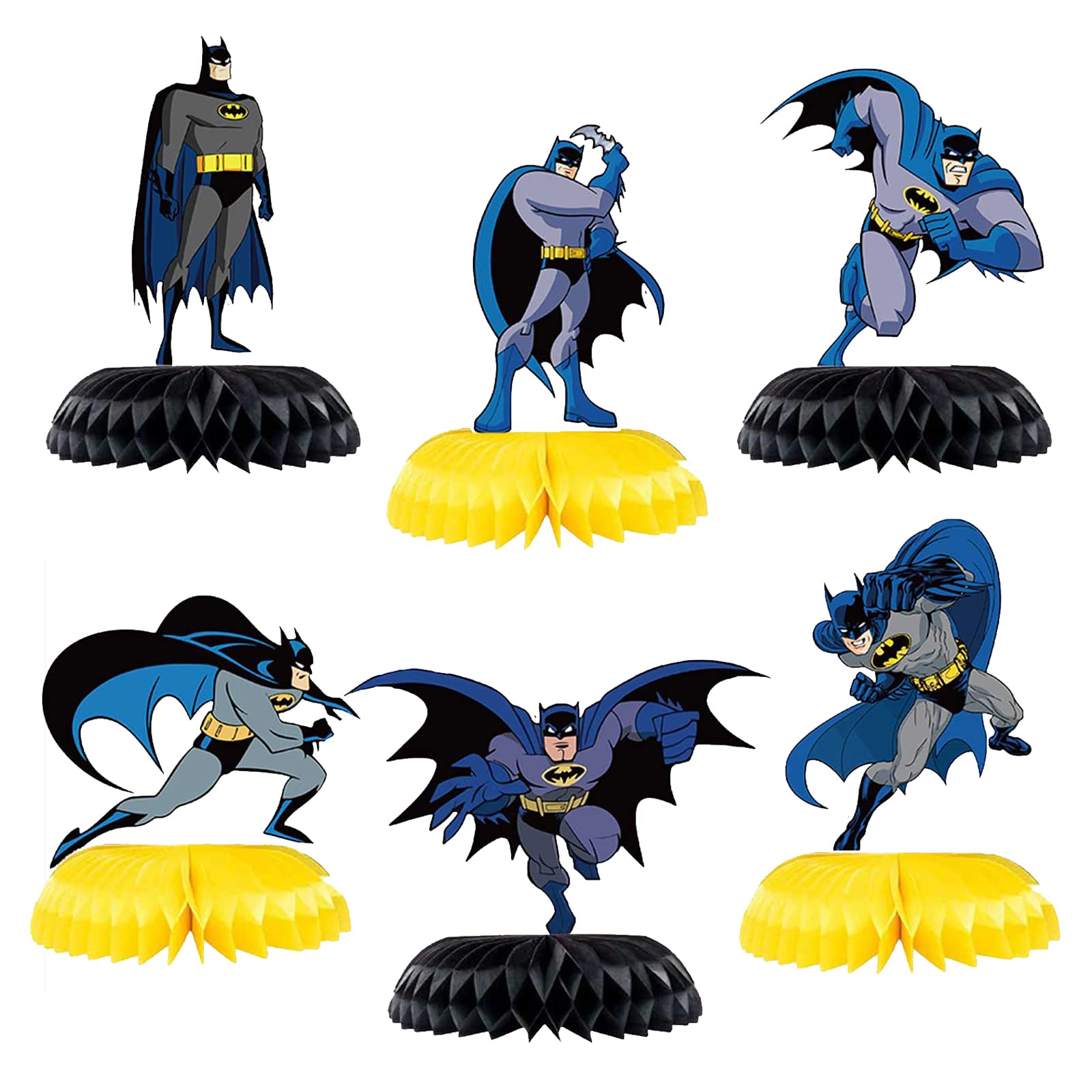 Bat-Man Birthday Party Supplies - 6pc Bat Hero Theme Table Centerpieces, Double Side Honeycomb Table Decorations, Cake Toppers, Photo Booth Props,
