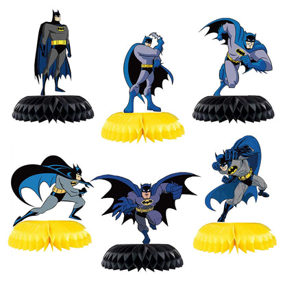 Bat-Man Birthday Party Supplies - 6pc Bat Hero Theme Table Centerpieces, Double Side Honeycomb Table Decorations, Cake Toppers, Photo Booth Props,