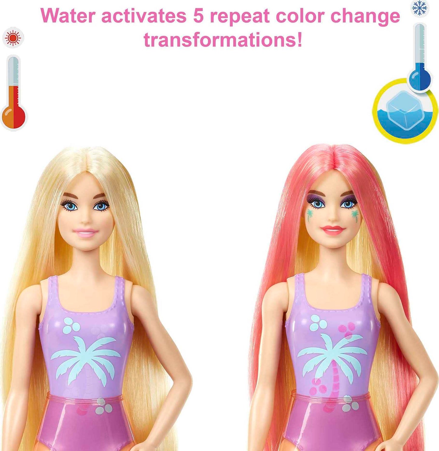 Barbie Color Reveal Sunshine and Sprinkles Doll & Accessories with 25 Surprises, Palm Tree Theme Including Water-Shower Umbrella & Color Change