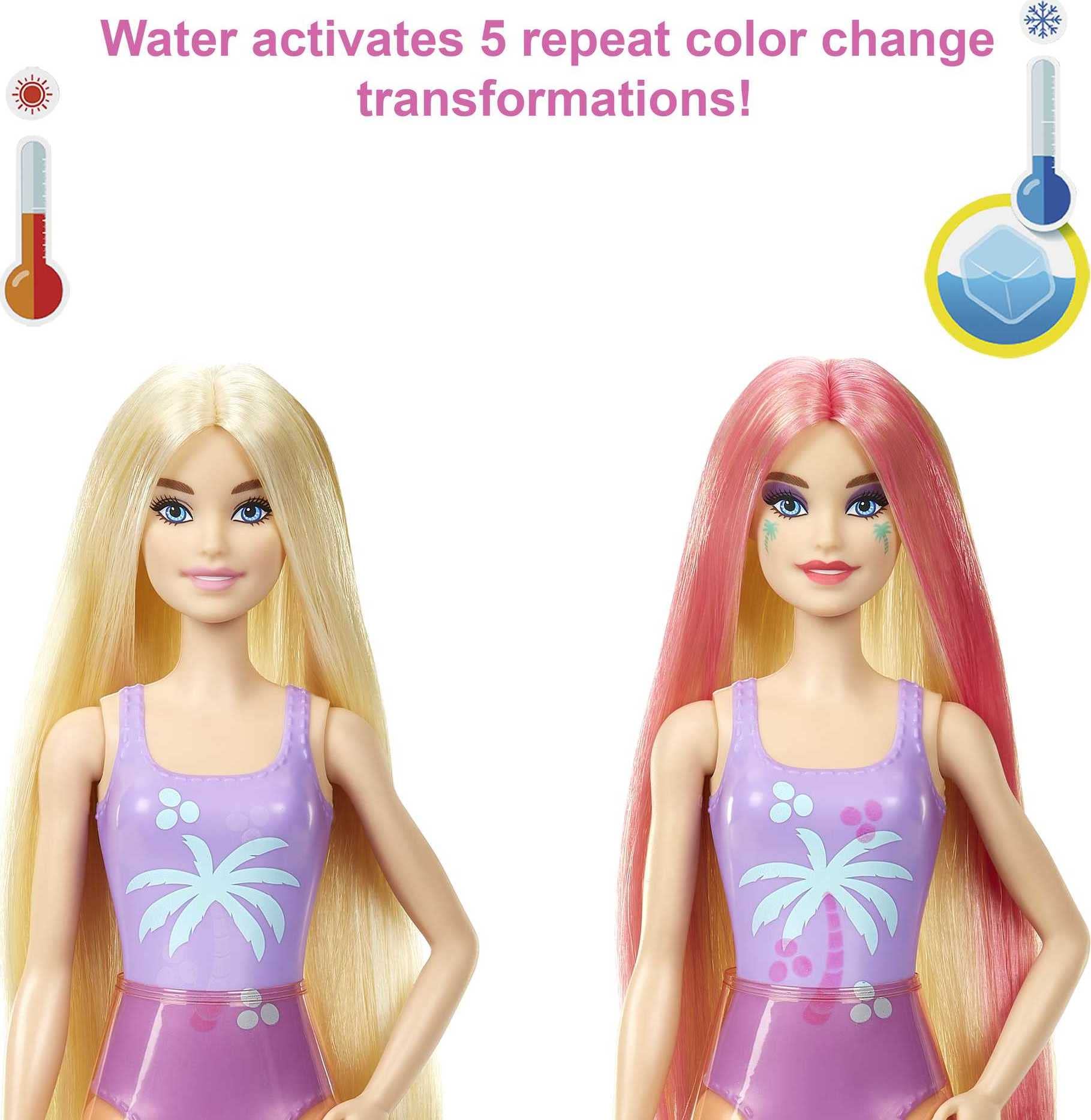 Barbie Color Reveal Sunshine and Sprinkles Doll & Accessories with 25 Surprises, Palm Tree Theme Including Water-Shower Umbrella & Color Change
