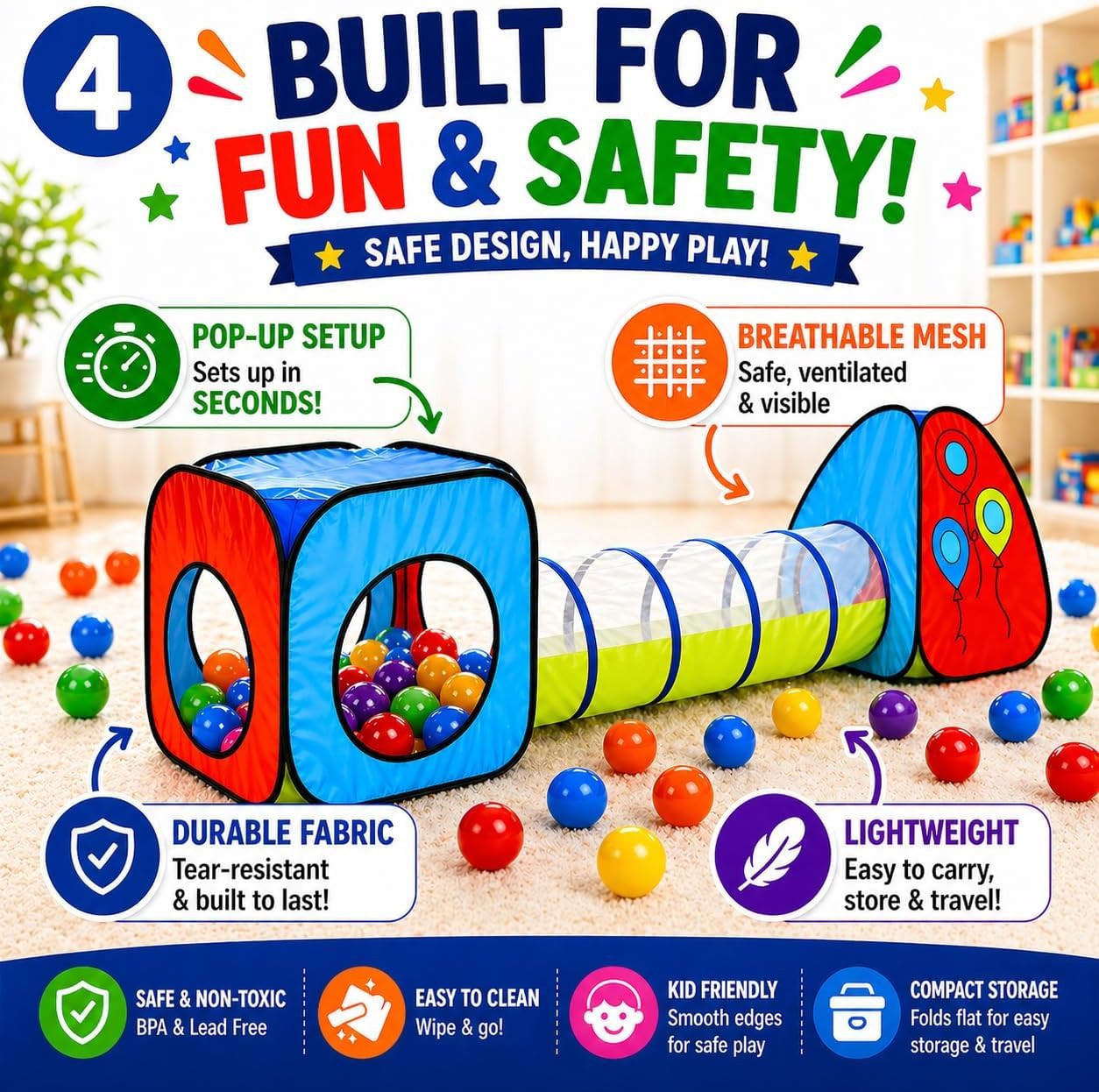Kiddey Tunnel and Ball Pit Play Tent | 3pc Pop Up Toddler Gym Tunnels with Tents for Kids, Toddlers, Infants Boys & Girls | Indoor & Outdoor Gift Game