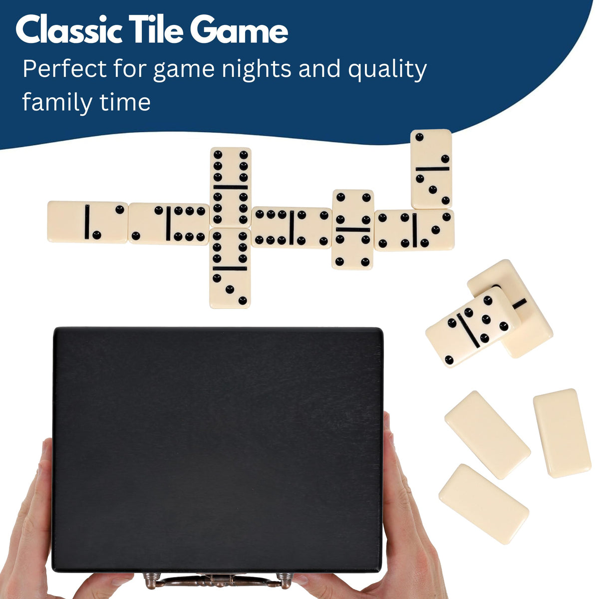 WE Games Double 6 Dominoes in Black Stained Wooden Treasure Box, Dominoes Set for Adults, Ivory Color Double Six Domino, Classic Board Games, Tile
