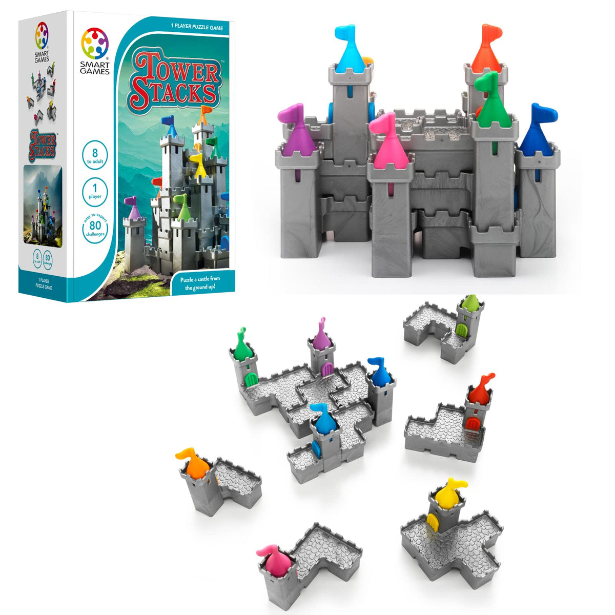 SmartGames Tower Stacks - 3D Castle Stacking Puzzle Game, Ages 8+