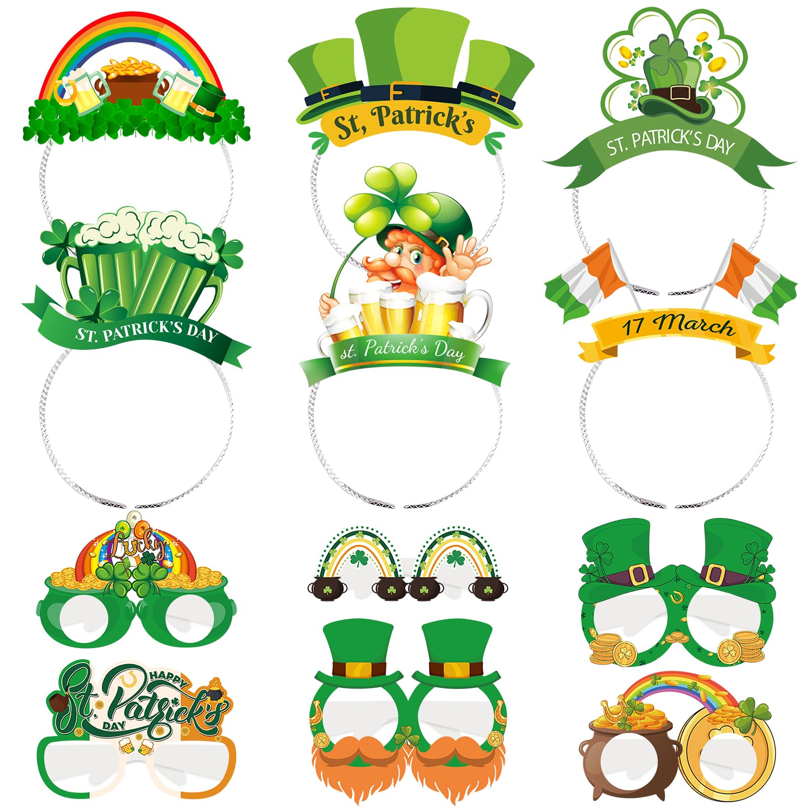 Openfly 12Pcs St. Patrick's Day Headbands and Glasses St. Patrick's Day Party Supplies Green Shamrock Clover Headband St. Patricks Day Glasses for St