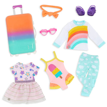 Glitter Girls - 14-Inch Doll Clothes & Accessories- Suitcase & Fashion Set - Luggage with 3 Mix & Match Outfits & Heart Glasses - Rainbow Pajama