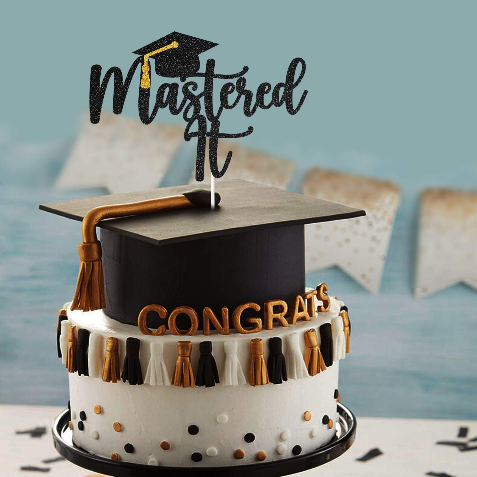 Black Glitter Mastered It Cake Topper,College Grad,Congratulations MBA Graduation Party Decorations Supplies 1