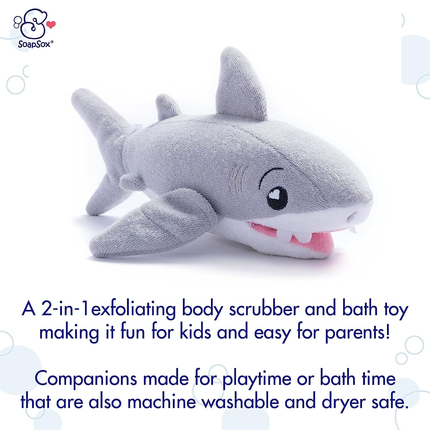 SoapSox Kids Exfoliating Bath Scrub (Tank the Shark) - Soft Animal Toy Wash Cloth Sponge with Soap Pocket Insert - Fun Loofah Characters for Babies