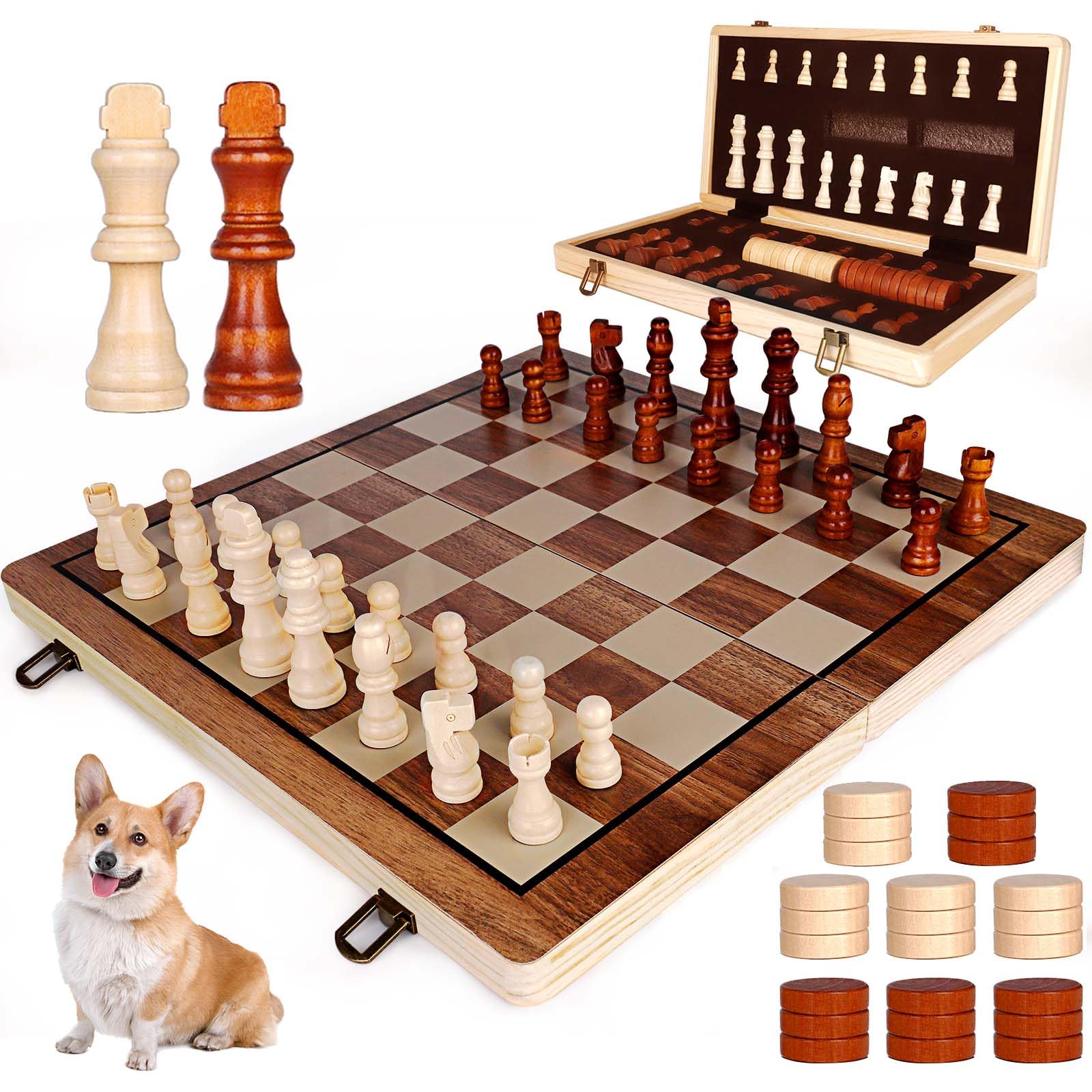 Demiwise 15 Inch Wooden Chess Sets,Chess & Checkers Set with 2 Extra Queens,Foldable Wooden Chess Set Board for Adults,Handmade Portable Chess Board
