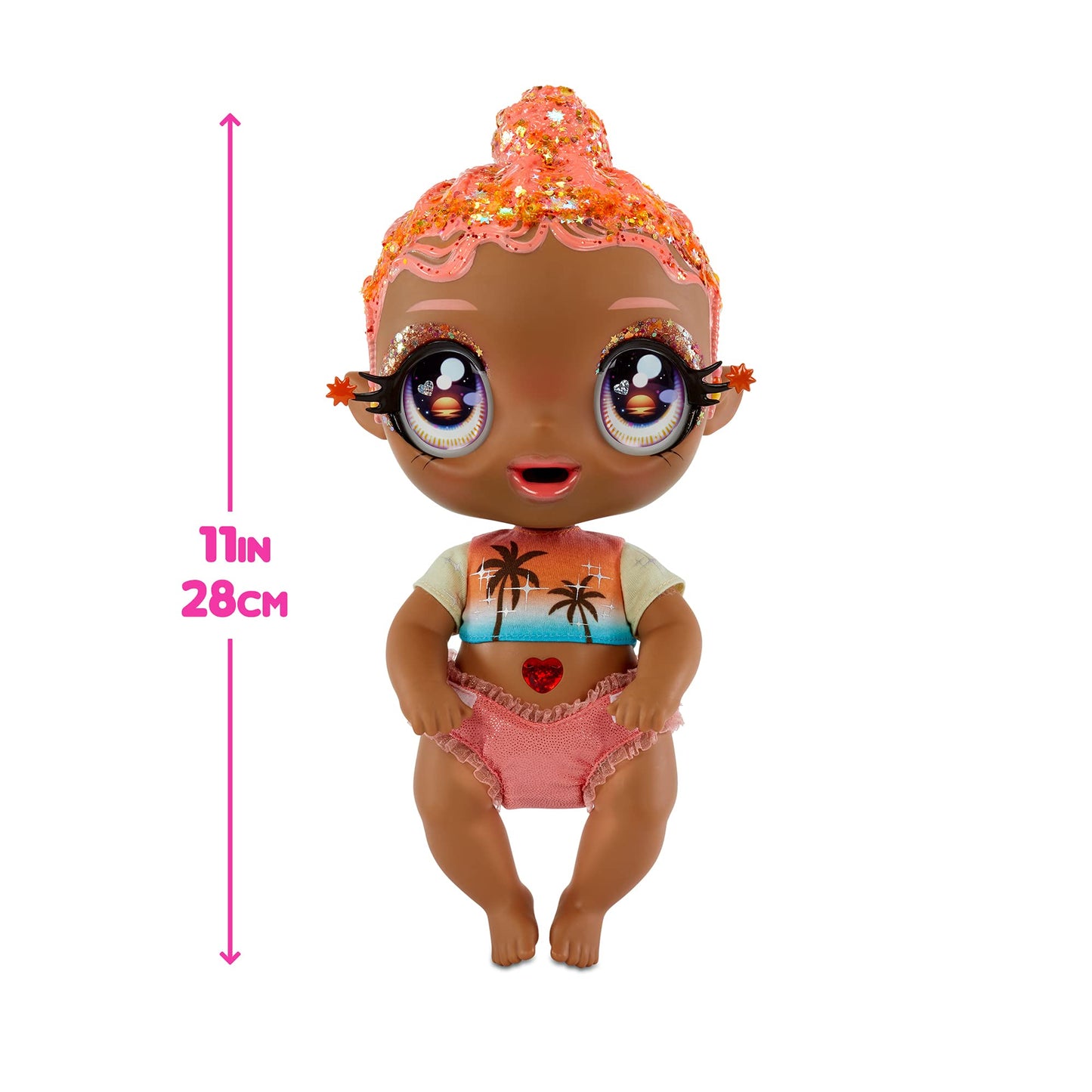 MGA's Glitter Baby Doll with Color Changes, Pink Hair, Sunset Outfit, Bottle - Gift for Kids Ages 3-5+