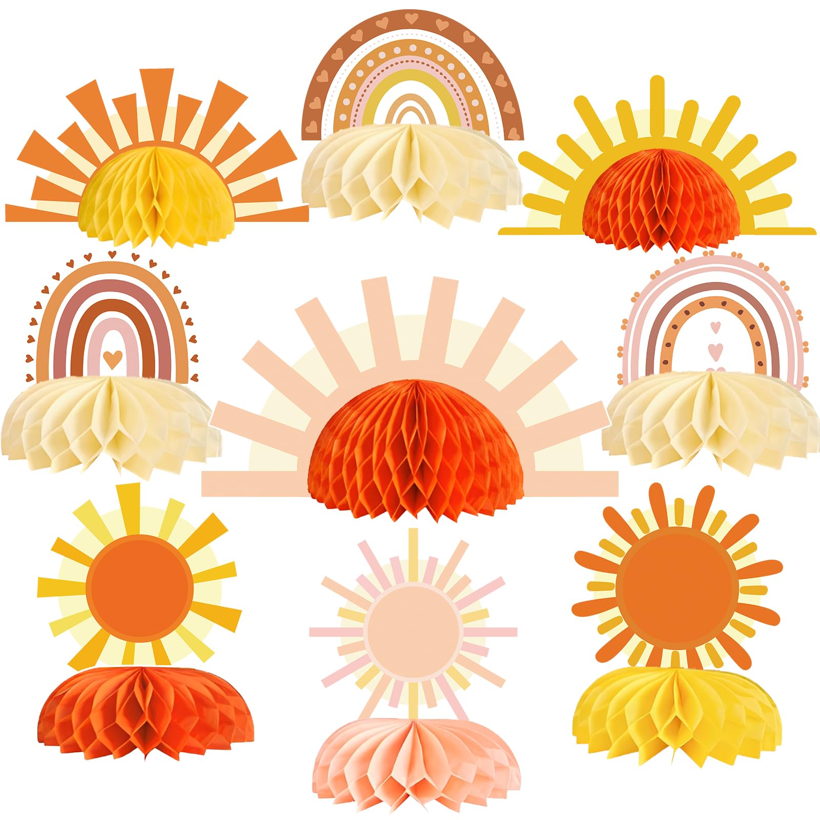 9pcs Boho Sun Honeycomb Centerpieces, First Trip Around The Sun Decorations, Boho Rainbow Sunrise Party Decorations, Sunshine Birthday Table Toppers