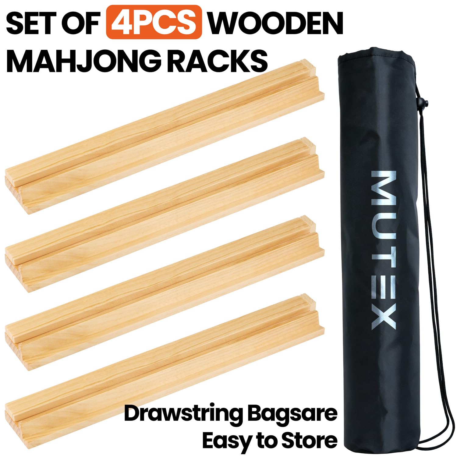 MUTEX American Natural Wood Mahjong Racks with Pushers, 4pcs Mahjong Racks Set for Mahjong/Mexican Train/Dominoes, Elegant Wooden Mahjong Tiles Racks