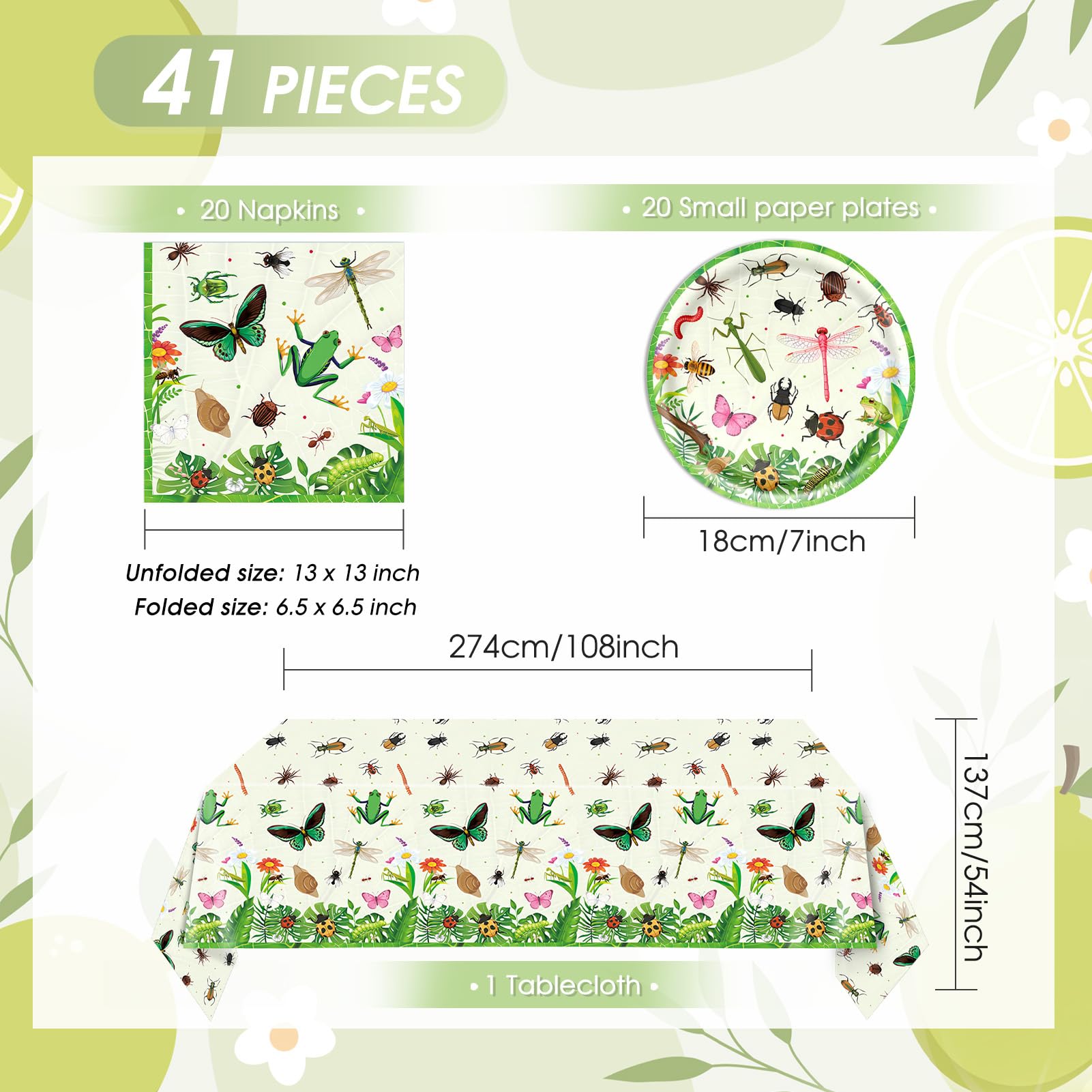 41Pcs Bug Birthday Party Decorations, Kids Garden Insect Explorer Adventure Themed Tableware Set Bug Paper Plates Napkins Tablecloth,for Garden Nature