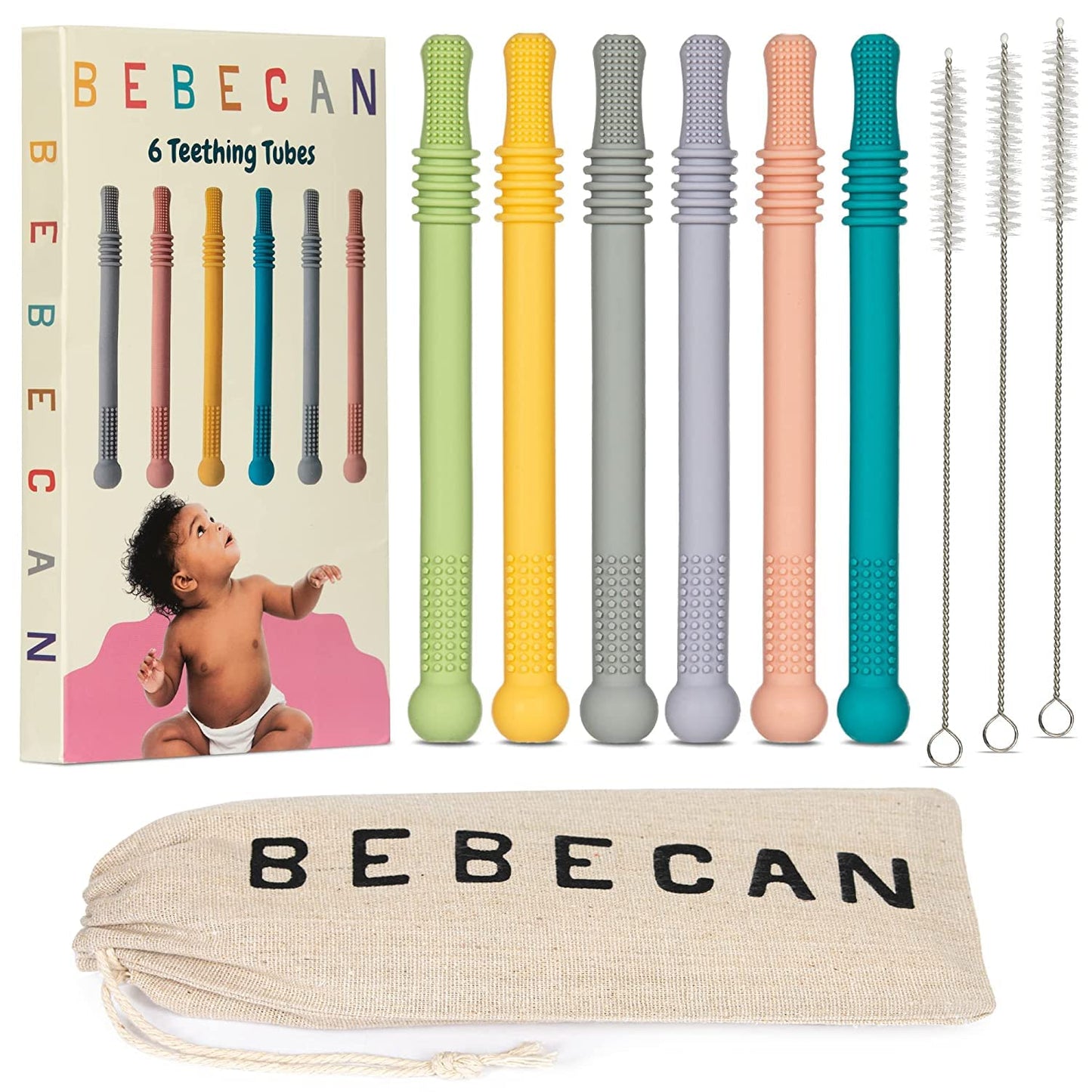 Bebecan Teething Sticks for Babies 36+ Months - Super Soft Silicone Teething Aids, Infant Oral Soothing Relief Back Molars, Multicolor 6-Pack