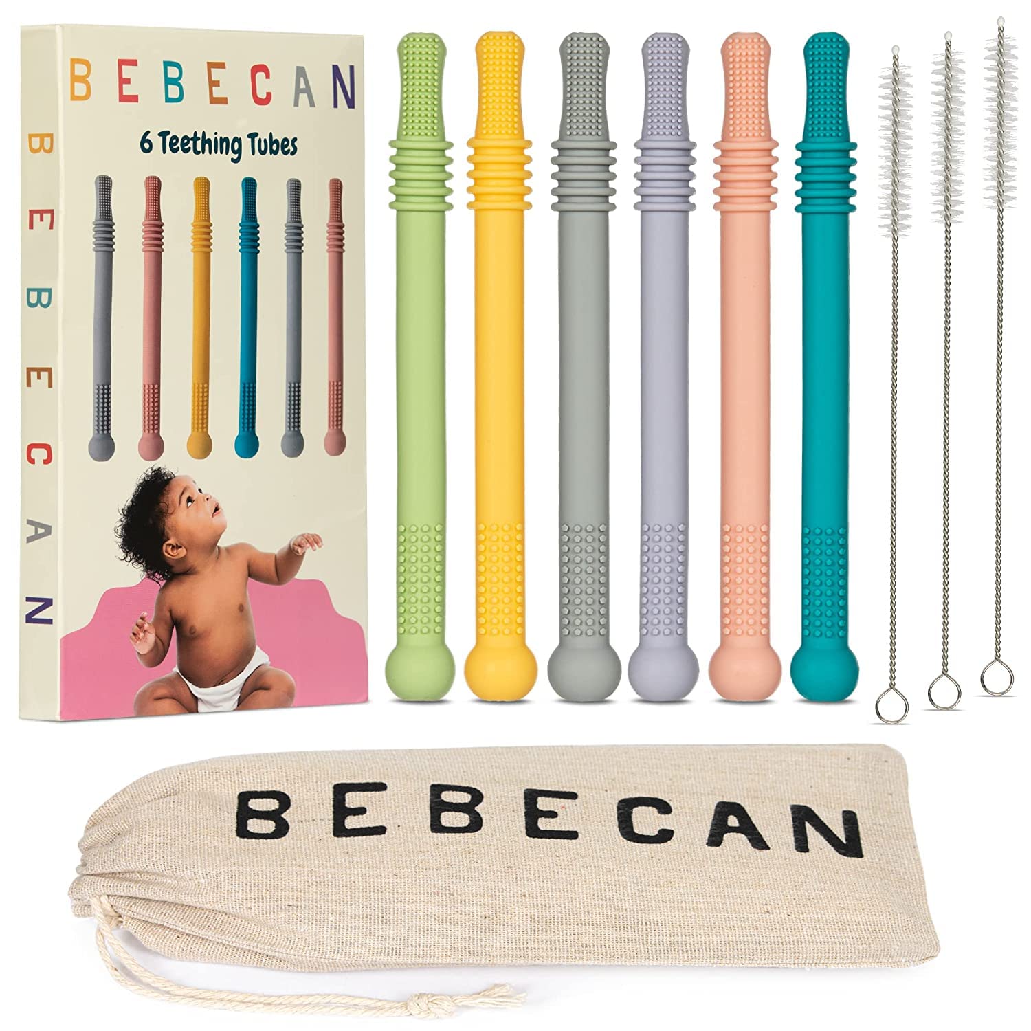 Bebecan Teething Sticks for Babies 36+ Months - Super Soft Silicone Teething Aids, Infant Oral Soothing Relief Back Molars, Multicolor 6-Pack