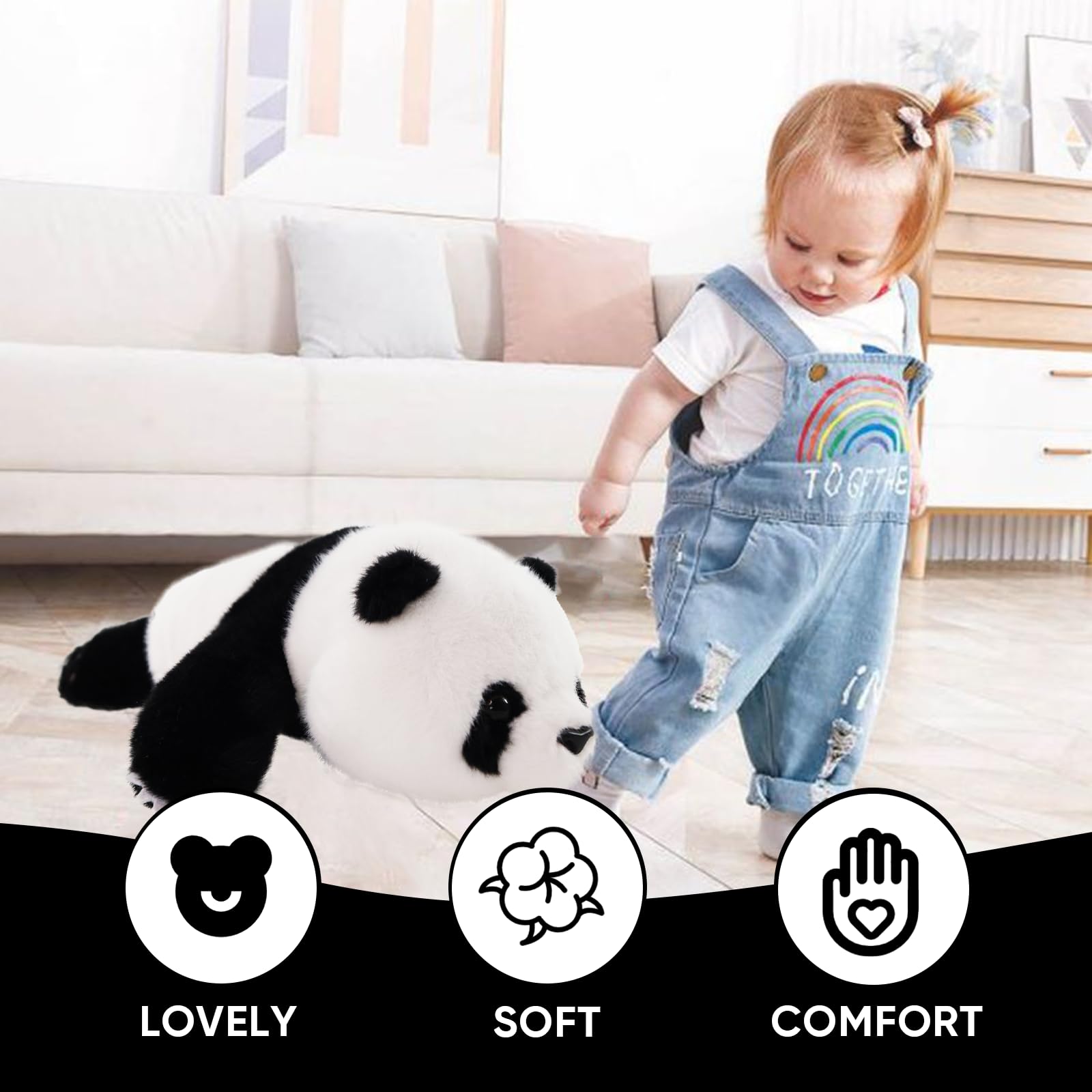 Furvana Plush Panda Stuffed Animal, Black and White Plush Pillow, 12" Soft Cuddly Toy, for Kids and Girls Birthday Christmas