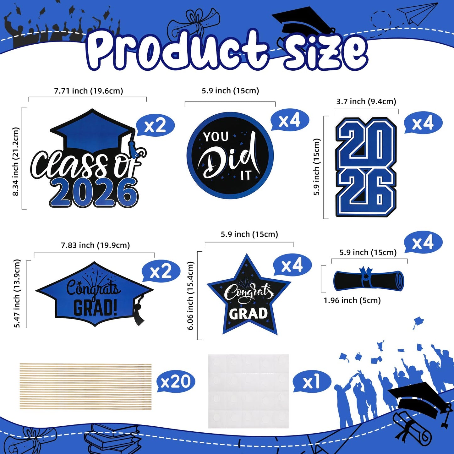 20 Pcs Blue Black Class of 2026 Congrats Grad Table Centerpieces Sticks for Graduation Party Decorations Congrats Decorations