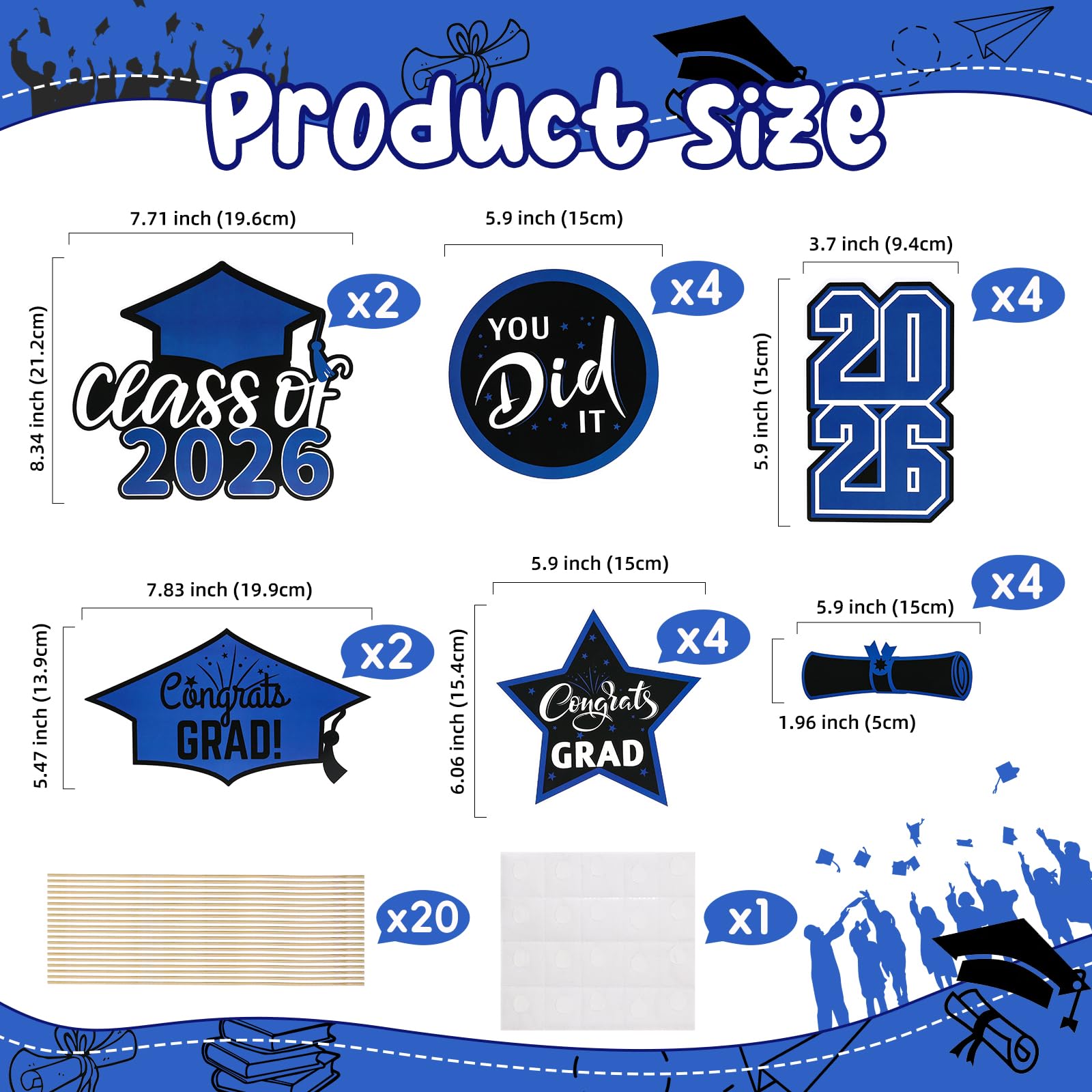 20 Pcs Blue Black Class of 2026 Congrats Grad Table Centerpieces Sticks for Graduation Party Decorations Congrats Decorations