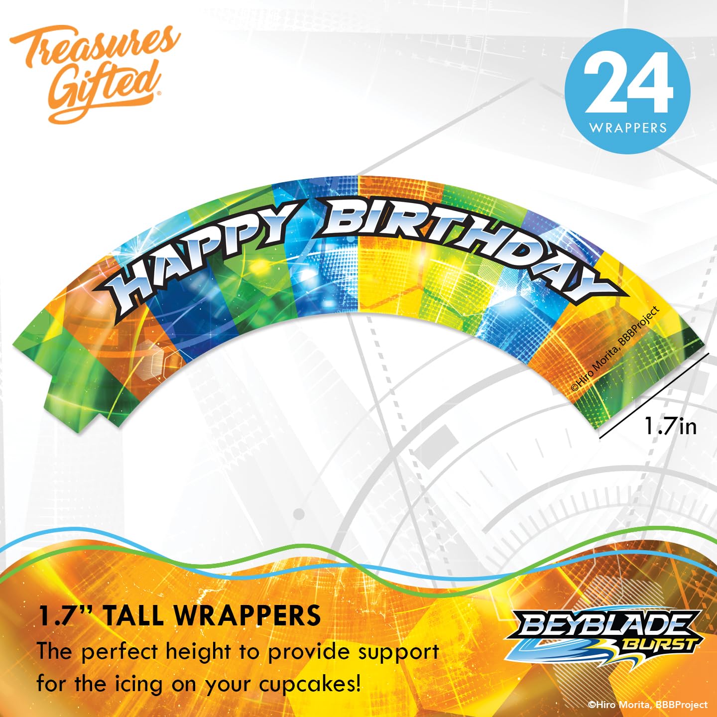 Treasures Gifted Officially Licensed BEYBLADE BURST Cake Topper Set - (1) BEYBLADE Cake Topper & (24) BEYBLADE Cupcake Topper & Wrappers - BEYBLADE
