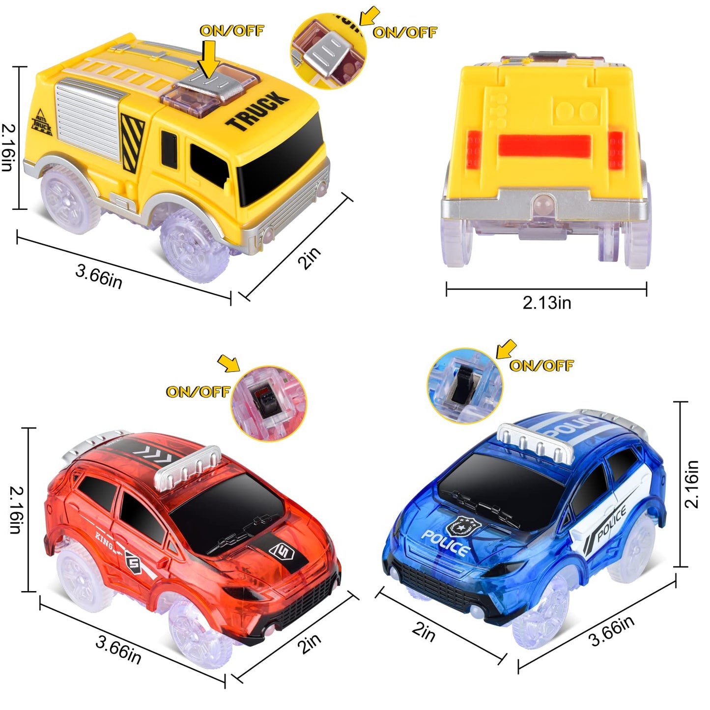 Track Cars Only Replacement Light Up Toy Cars with 5 Flashing LED Lights for Tracks Glow in the Dark, Flex Race Car Track Accessories Compatible