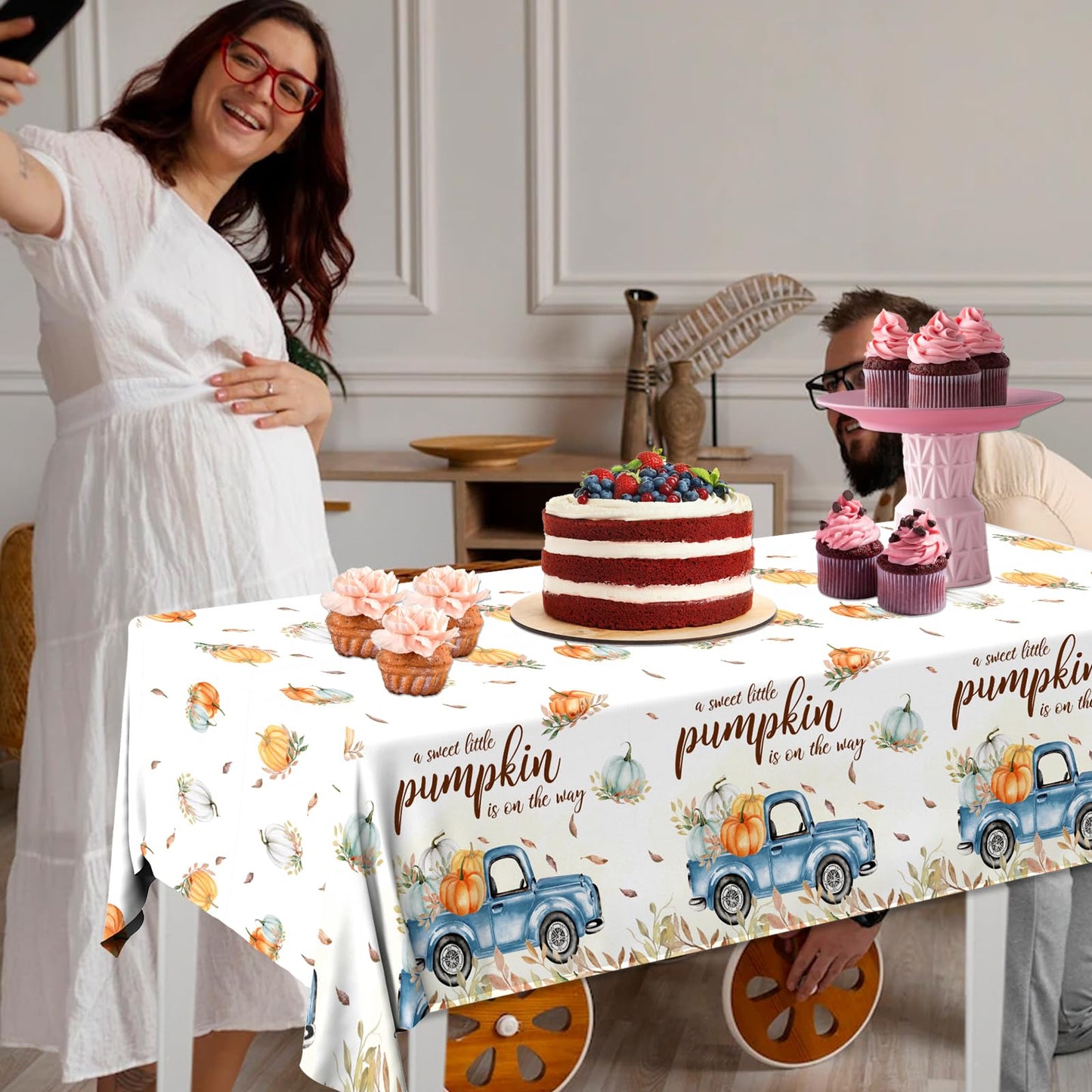 Juweked 3Pcs Pumpkin Tablecloth,A Sweet Little Pumpkin is On The Way Decorations,Fall Blue Baby Shower Tablecloth for Boy Birthday Party Disposable